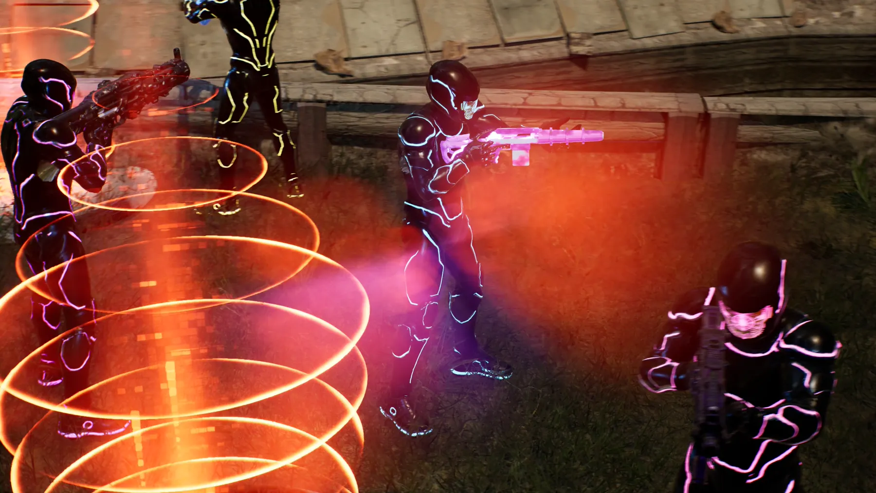 An IRONICS robot in full livery firing its lead weapon in the ShantyTown arena
